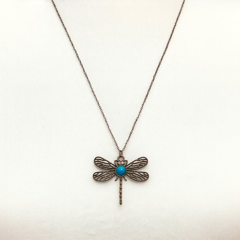 Dragonfly Necklace with Turquoise in Vintage Gold